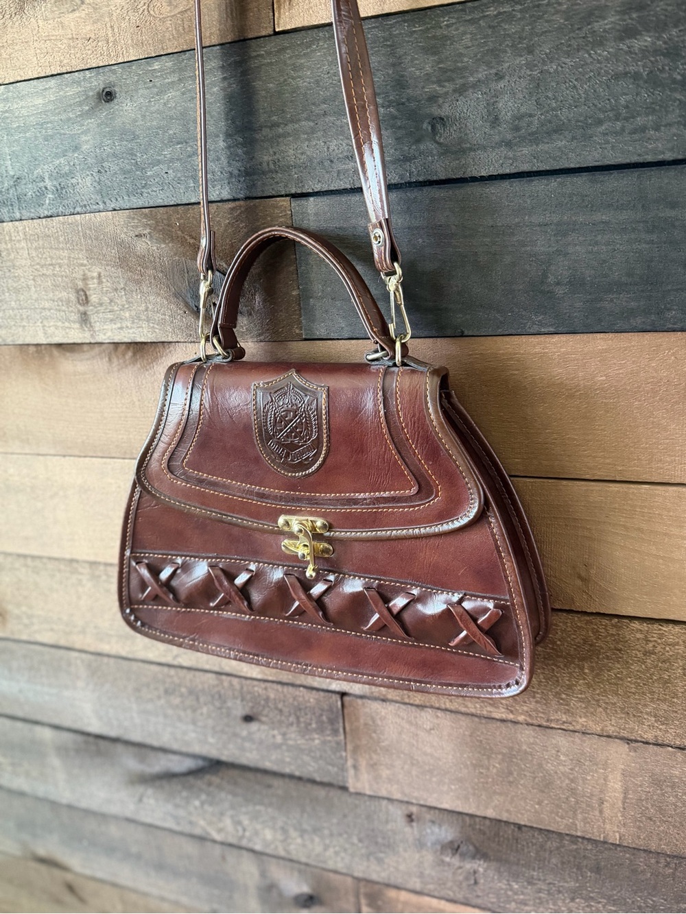 Vintage 70s Brown Top Handle Crossbody Satchel Bag Made In Korea - Picture 4 of 10
